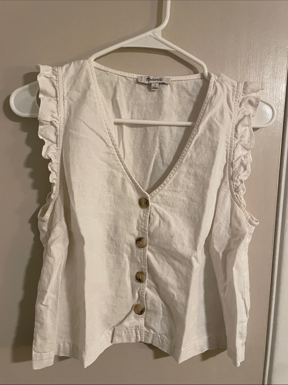 Madewell Cream Button-Front Sleeveless Ruffle Shoulder Top